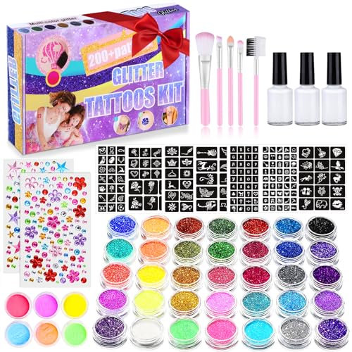 Glitter Tattoos for Kids, Girls Temporary Tattoo Kit, 41 Colours Glitter 215 Rhinestones 204 Stencils 3 Glue 5 Brushes Waterproof Tattoos, Festival Body Make Up for Girls & Adults, Birthday, Party
