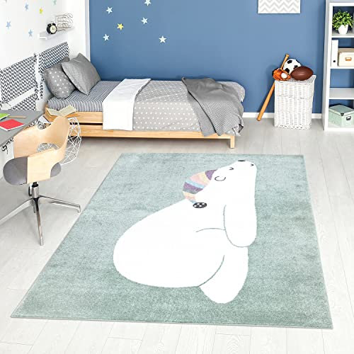 carpet city Tapis pour chambre d'enfant Motif animal – Vert menthe – 140 x 200 cm – Tapis pour enfant à poils courts avec bonnet de couchage – Poils doux