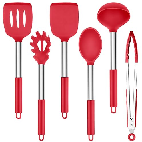Herogo Küchenhelfer Set, 6 Stück Silikon Kochutensilien Kochbesteck Set mit Edelstahlgriff, Hitzebeständiger & Antihaft, Silikon Küchenutensilien Wender Zange Pfannenwender Set – Rot
