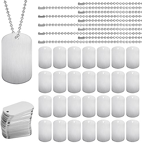 Elesunory 100 Pcs Military Dog Tags Set, 50 Pcs Aluminum Blank Dog Tags, 50 Pcs Iron Necklace Chain, Engraved for Pets, Perfect for DIY Decorative Craft Pet ID Tags, Silver
