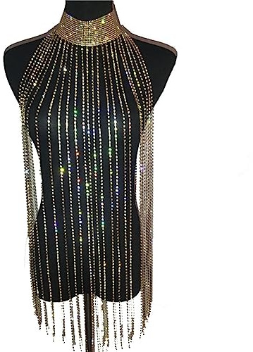 Yurosiay Guld strass kroppskedja lång strass tofs halsband glittrande kraghalsband strass mode kristall frans bröstkedja sexiga kroppskedjor kvinnors kroppssmycken för nattklubb fest