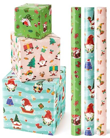 WERNNSAI Weihnachts Geschenkpapier - 3 Rollen Geschenkpapier Weihnachten Kinder Weihnachtswichtel Weihnachtsbaum Geschenk Weihnachtsfeier Geburtstag Dekorationen 43cm x 3m