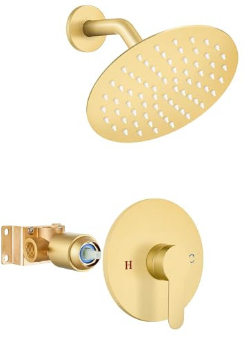 Airuida Single-function shower trim set, shower fitting set, wall mount, 8 inch round rain shower head and handle set, one-handed shower system set with internal thread valve, brushed gold