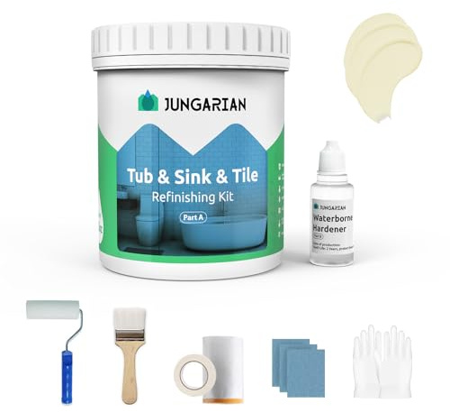 Jungarian Tub and Tile Refinishing Kit 17.5oz with Tools, Low Odor DIY Bathroom Paint Sink Tub Countertop Tile Shower Paint for Bathroom Kitchen Porcelain Fiberglass, Semi-Gloss Cream