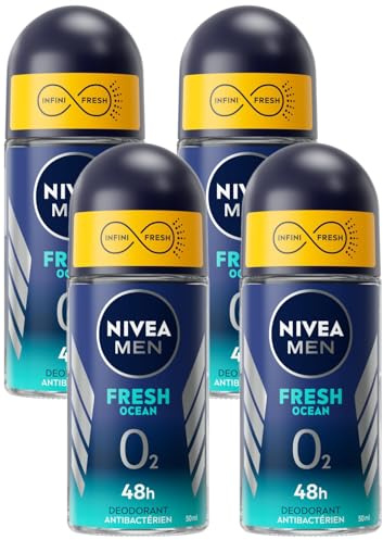 NIVEA MEN Déodorant bille Fresh Ocean 0% (1 x 50 ml), déodorant homme protection 48 h, soin homme sans sel aluminium & sensation de fraîcheur (Lot de 4)