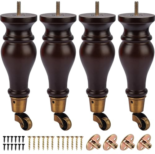 Btowin 9 inch Solid Wood Furniture Legs with Casters & M8 Bolts 4Pcs | Classic Varnish Finish, 400lbs capacity, Mounting Plates & Screws, Move furniture easily, Fits Sofas, Cabinets and Ottoman