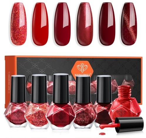 modelones Nagellack 6 PCS, Nagellack Schnelltrocknend Rot Glitzer 6 Farben, Ungiftig Auf Wasserbasis, Langanhaltender Gel Polish für DIY Salon Geschenk für Frauen Mädchen Maniküre Salon