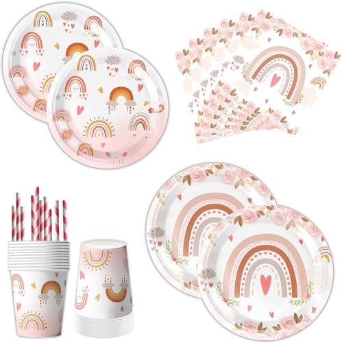 Regenbogen Deko Kindergeburtstag Partygeschirr Set - 60 Stück, Enthält Pappteller, Servietten, Tassen, Strohhalme - Geeignet für Hochzeiten und Geburtstage
