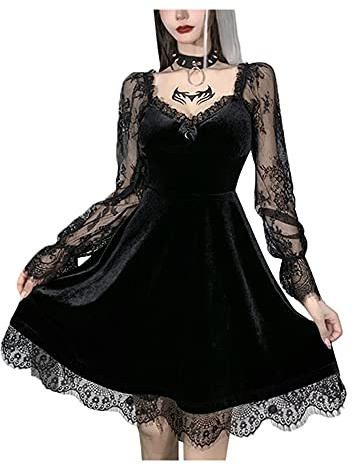 Women's Gothic Lace Short Dress Sexy Long Flare Sleeve V Neck Backless Mini Dress Halloween Velvet Vintage Party Dresses (A-Black, M)