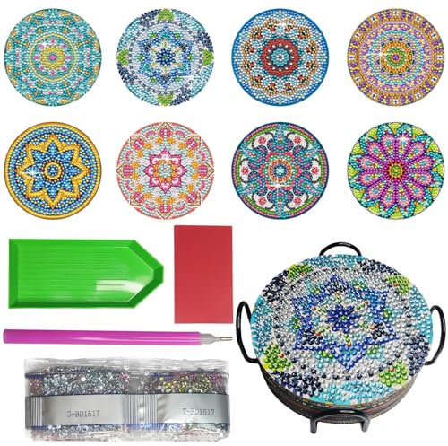BOBISHE Diamond Painting Untersetzer mit Halter, 8 Stück Diamant Tassenuntersetzer Set, Saugfähig Kork Coasters, Mandala-Muster, rutschfest Untersetzer für Getränke, DIY Kunst für Erwachsene & Kinder