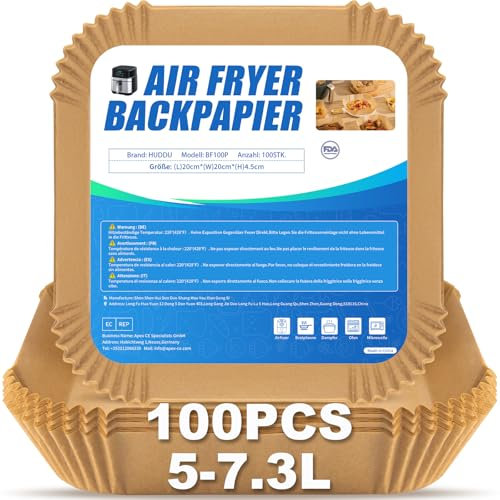 100 Pezzi 20cm Fogli di Carta Forno per Friggitrice ad Aria XXL 5-7,5 L, Antiaderente Usa e Getta Pergamena Liner Accessori per Air Fryer - Quadrato