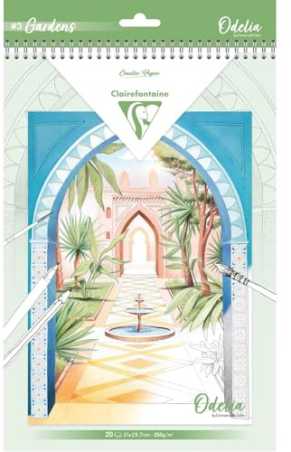 Clairefontaine 95743C Bloc de Coloriage 18 Dessins de Jardins Format A4 Pour Adulte 250G - Créativité Détente Zen - Multitechniques Crayons, Feutres, Aquarelle, Peinture - ODELIA Thème Les Jardins
