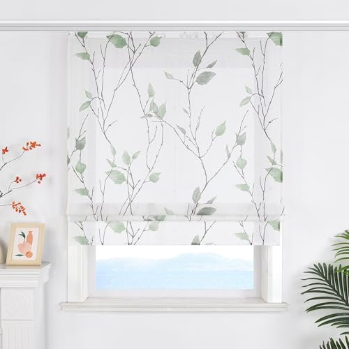 ESLIR Raffrollo mit Klettband Landhaus Gardinen Küche Transparent Raffgardinen mit Klettschienen Weiß Wohnzimmer Bändchenrollo mit Blattdesign Grün BxH 140x140 cm 1 Stück