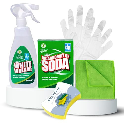 Natural Bicarbonate of Soda for Cleaning 500g & White Vinegar 500ml with Cleaning Sponge and Microfibre Cloth Set – Baking soda and white vinegar for cleaning, Perfect for Kitchens, Bathrooms & More