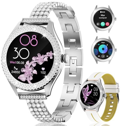 Montre Connectée Femme Stylée : Bracelet Incrusté de Diamants & en Silicone, 123 Modes de Sport, Suivi de Santé, Compatible Android 5.0 & iOS 9.0+, Écran Haute Définition Montre Sport Femme Argent