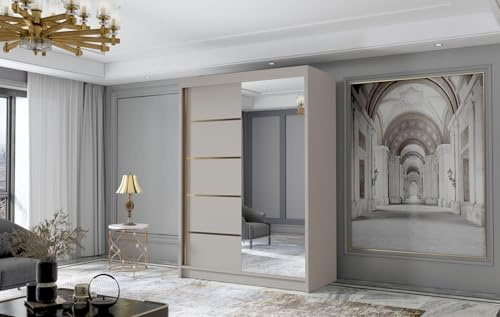 Gaba furniture Gold Series 120 cm Cashmere Sliding Door Wardrobe with Mirror Widths 100/120/150/180/200/250 cm Furniture for Bedroom Living Room Wardrobe with Hanging Rail White/Black/Cashmere