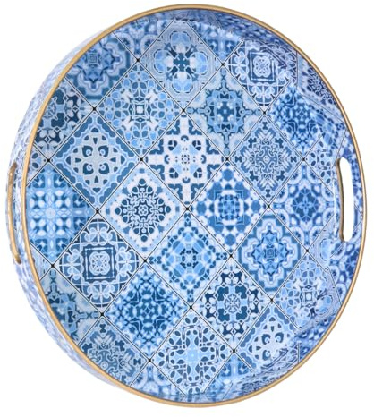 Heaven4you Round Premium Luxury Decorative Serving Tray Design with Gold Trim | Glossy Finish Cosmetic Tray Organiser or Food Tray for Coffee Table or Dining (Blue Mediterranean)
