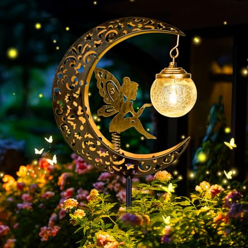 Caldarax Lampada Solare per Esterni, Impermeabile Luci Solari da Giardino Decorative, con Sfera di Vetro a LED, Fata della Luna Lampada Solare da Esterno per Balcone, Vialetto, Prato, Patio, Cortile