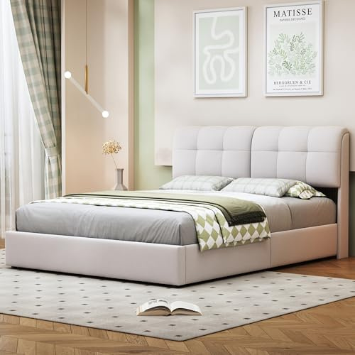 Cama doble con espacio de almacenamiento, 140 x 200 cm, cama tapizada con tiras LED y mecanismo hidráulico, cama para maletero con gran espacio de almacenamiento, funda de terciopelo color crema (140