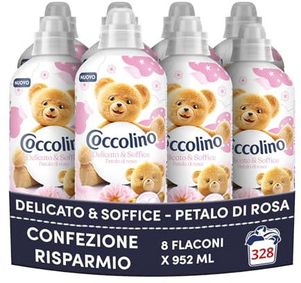 Coccolino Ammorbidente Concentrato Delicato e Soffice Petalo di Rosa, Ammorbidente Lavatrice Dermatologicamente Testato, Morbidezza Naturale, Freschezza Lunga, 41 Lavaggi, 8 x 952 ml