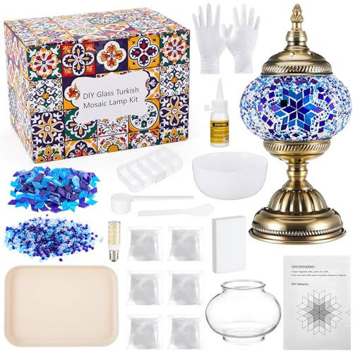 Baquler Turkish Mosaic Lamp Kit DIY Stained Glass Decorative Table Bedside Night Light Tabletop Bohemian Morrocan Lamp Crfat Kit for Living Room Decorations, Make Your Own(Blue)