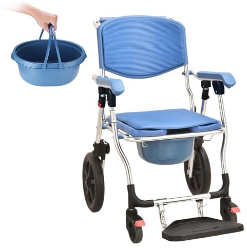 Duschstuhl Toilettenstuhl mit Rollen 120kg Traglast– Klappbarer Fahrbarer Toilettenrollstuhl für Senioren mit Armlehnen Rückenlehne | Rutschsicher Leicht zu Reinigen (Big Blue)