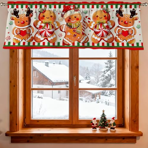 Yasrlvun Weihnachtsvorhang, Volant, 130 x 45 cm, Lebkuchen, Weihnachten, Fenstervorhänge, Küche, Schlafzimmer, Wohnzimmer, Weihnachten, kurze Volants