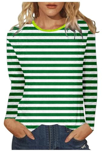 Camiseta de manga larga para mujer, blusa de manga larga a rayas, camiseta informal para mujer, blusa cómoda y elegante, verde, M