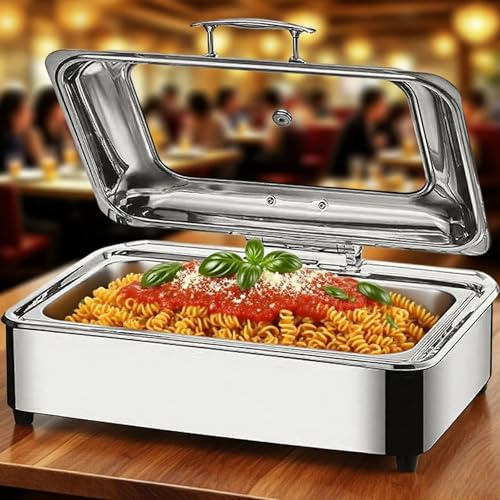 Chafing Dish Elektrisch, 9L Edelstahl Speisewärmer Buffetwärmer (GN1/1) | Einstellbare Temperatur Kommerziell Wärmebehälter Essen mit Sichtbarem Glasdeckel für Buffets und Partys