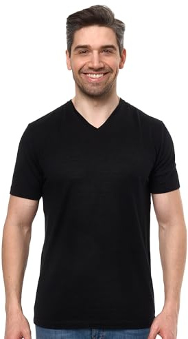 Merino.tech Camiseta Interior de Lana Merino 100% para Hombre - Camiseta de Manga Corta, Capa Base Ligera para Trekking, Senderismo y Outdoor (X-Large, Black V-Neck)