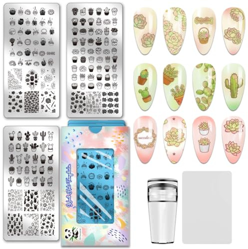 PH PandaHall 3 piastre per stampaggio unghie grasse cactus nail art modelli fiori unghie design timbro carino pianta in vaso unghie arti piatti per donne manicure salone stampa design fai da te