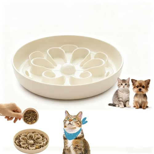CHmiss Slow Feeder Kattenskål, Blommönster Matskiva för långsam ätning, melamin kattskål, chockskyddsskål för katt, lämplig för både våt och torr foder, vit