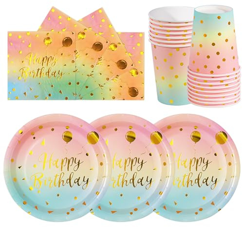 hailstones Oro Arcoíris 72 Piezas de Vajilla de Papel para Cumpleaños Infantiles: Platos, Vasos, Servilletas - 24 Invitados
