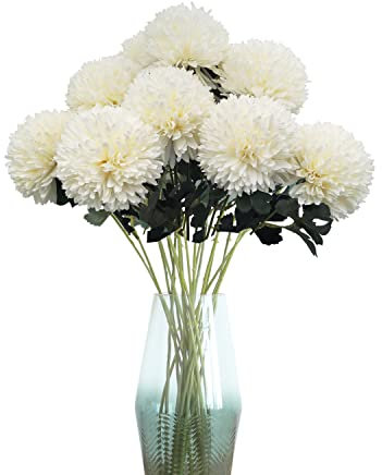 cn-Knight Artificial Flower 8pcs 22'' Long Stem Silk Pompon Flower Pom-Poms Hydrange Dahlia Daisy Dandelion for Wedding Bridal Bouquet Bridesmaid Home Décor Baby Shower Centerpiece(Creamy White)