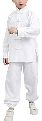 Jungen Und Mädchen Tai Chi Training Stehkragen Volltonfarbe Hemd Hose Zweiteiliger Anzug Weiß 170