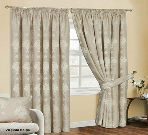 Householdfurnishing Redy Made Luxury Jacquard Fully Lined Curtain Pair Pencil Pleat With Free Tie Backs (Beige Curtain, 46 X 54)