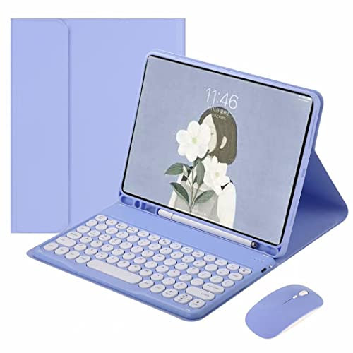 QYiiD Funda con Español Teclado para iPad Mini 6ª Generación 8,3 Pollici 2021, Funda Protectora con Ranura de Lápiz, Lindo Redondo Teclado Mouse Inalámbrico para Mini 6 (A2567/A2568/A2569), Morado
