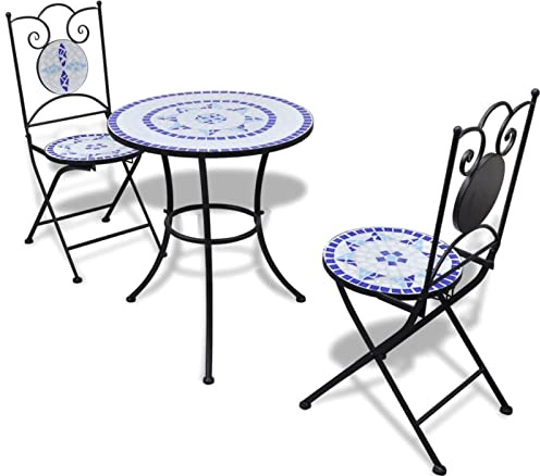 Festnight Conjunto de Muebles de jardín | Mesa y 2 Sillas Terraza | Conjunto Mesa y 2 Sillas Jardin Mosaico Mesa con Sillas Terraza Azul/Blanco