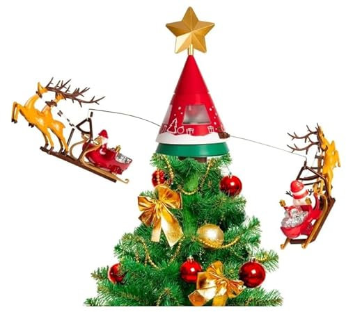 TEKHOME Puntale per Albero di Natale, Puntale Girevole a 360°, Punta per Albero con Babbo Natale con Renne, Luci Suoni e Movimento Ricaricabile