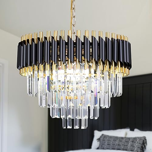 FRIXCHUR 20 Moderner Kristall-Kronleuchter mit 4 Etagen, Schwarz-Gold, Pendelleuchte für Esszimmer, Wohnzimmer, Flur, Foyer, E14 x 7 (ohne Leuchtmittel)