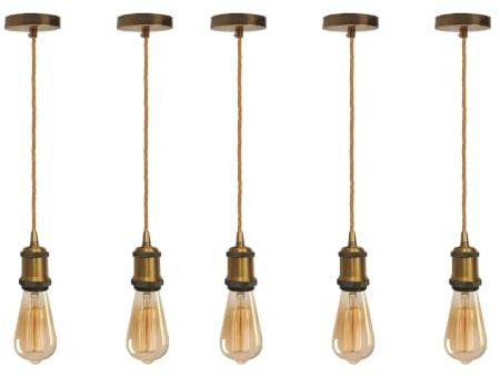 5 Pack E27 Pendant Light Fitting Kit Yellow Brass | Adjustable Ceiling Hanging Lamp Holder Vintage Industrial Pendant Lighting for Kitchen Island, Dining Room, Bedroom & Hallway