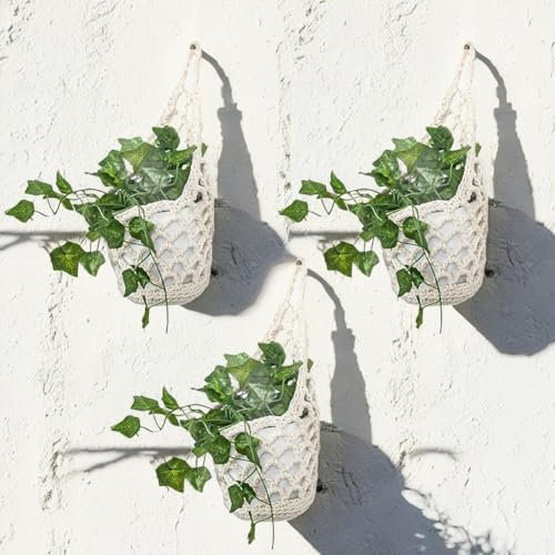 CEWROM Fioriera in macramè, 3 pezzi, decorazione bohémien, per piante, per interni ed esterni, per balconi, soggiorno, decorazione da parete