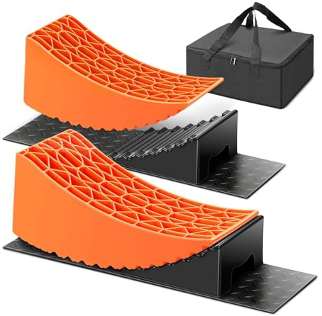 Tlaleikejia RV Leveling Blocks Ramp Kit, Camper Levelers, Camper Wheel Chocks Including Two Curved Levelers, Two Chocks, and Two Rubber Grip Mats in Storage Carrying Bag