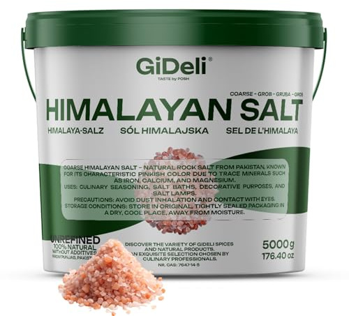 GiDeli Himalaya Salz grob 5 kg im Eimer – Steinsalz Küche und Fußbad | Eine Menge für zwei Zwecke: Würzen aus der Mühle und Fußbäder. Unbehandelt, ohne Duft- und Farbstoffe.