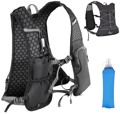 SUNYA Chaleco de Running para Mujeres y Hombres, Chaleco de Correr Ajustable con Frasco Suave de 500 ml, Mochila de Hidratación Ligera para Correr, Maratón, Trail, Ciclismo (Negro, Normal)