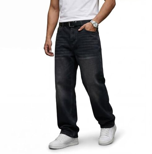ALLABREVE Men's Baggy Hip Hop Jeans Y2k Wide Leg Denim Pants Relaxed Fit Fashion Skater Trousers Streetwear Black