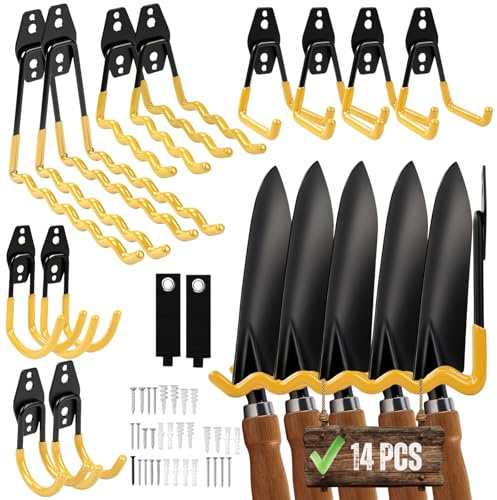 14er Set Schwerlast Wandhaken für Garten & Garage – Doppelhaken mit Gelber Anti-Rutsch-Beschichtung – Robuste Gerätehalter für Gartengeräte, Fahrräder, Leitern & Werkzeuge – Inkl. Montagezubehör