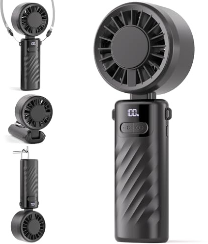 Tragbarer 4-in-1 Handventilator, 4000mAh Akku, 5 Stufen mit LED-Anzeige, 90° klappbar – mini, USB, Ventilator für Hals, Hand, Tasche, Tisch. Ideal für Fußball, Sport, Outdoor, Reisen & Büro, Grau