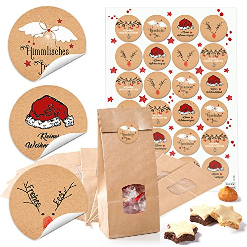 Logbuch-Verlag 10 Papiertüten Frohe Weihnachten 10 x 6,5 x 27 cm Lebensmittel Tüten mit Sichtfenster für Geschenke mit 24 Sticker