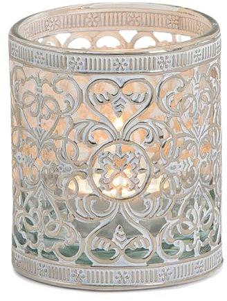 Vintage Kerzenglas Windlicht silber weiss in 8 cm - Modernes Windlichtglas als Kerzenständer Laterne und Teelichthalter - Boho Kerzenhalter Teelichtglas für Wohnzimmer Tisch-Deko, Balkon, Hochzeit